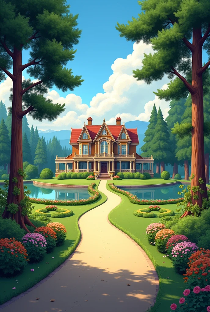 Make a large path with pines on the sides and a large house in front with a garden and a lake around it.