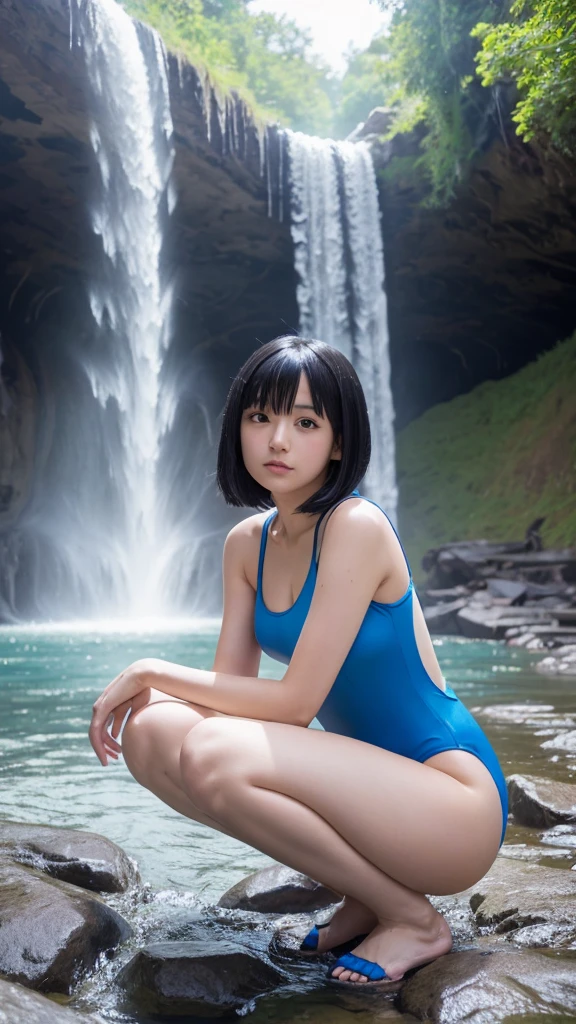 A black-haired anime girl wearing a blue one-piece swimsuit,On the banks of the waterfall,Crouching