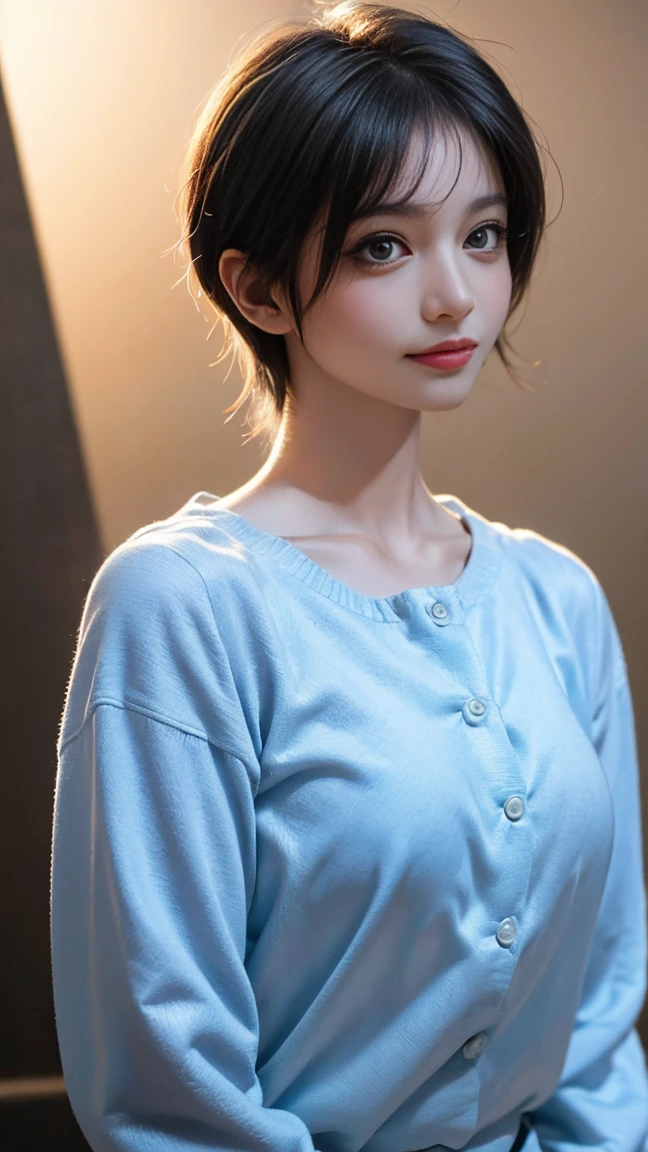 (masterpiece, Highest quality, Highest quality, Official Art, beautifully、beautiful:1.2), Cinema Lighting、(Key light at 45 degrees from the front,Orange Fill Light、Soft Blue Backlight、Strong Shadows、Blue and orange color palette), Accurate human body、Knowledgeable person、Correct five-finger、4K - ultra-vivid、Highest quality, masterpiece, Ultra-high resolution, Detailed Background、The perfect background、
((Oilskin,Glowing Skin、Realistic skin texture、細部までbeautiful肌、Glowing Skin、Slimy skin、Glowing Skin、Glowing Skin)), White skin, Real human skin, (Familiar), Oval Face, pore, Ultra-high resolution, (8k, RAW Photos, Realistic: 1.4), One Girl, slim, (kind, Goddess-like eyes) happiness: 1.2), (Lip gloss, eyelash, Terrible face, Highest quality, Ultra-high resolution, Wide Lighting, Natural Shading)、、Absolute area、Long beautiful slim legs、Short hair length、Sexy smile expression:0.8, (dark, dark部屋:0.8)、