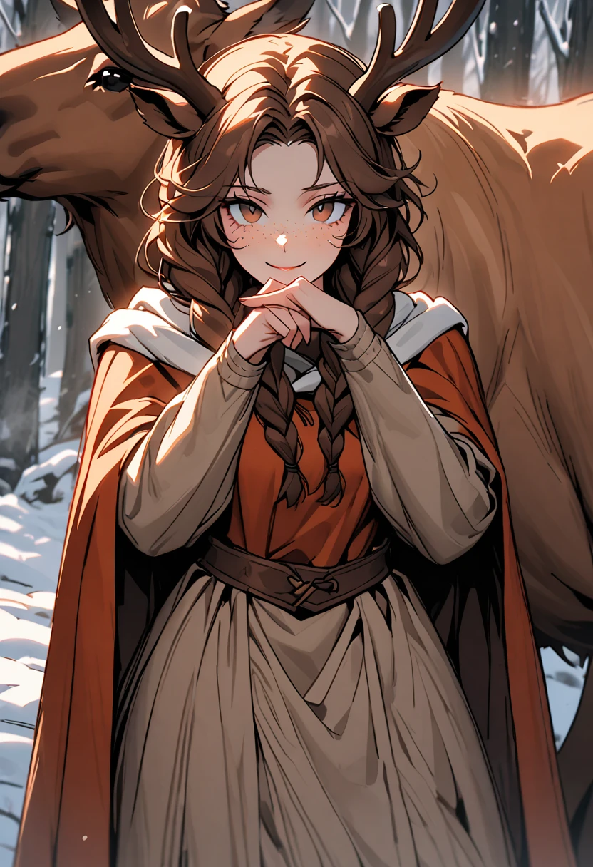 Solo, female, close up, long brown hair, wild hair, deer antlers, huge woman, brown eyes, cape and winter clothes, winter, forest, freckles, shy smile, shy pose, ((deertaur)), deer centaur, villager clothes, medieval, deer body, deer lower body, lugagge, braids