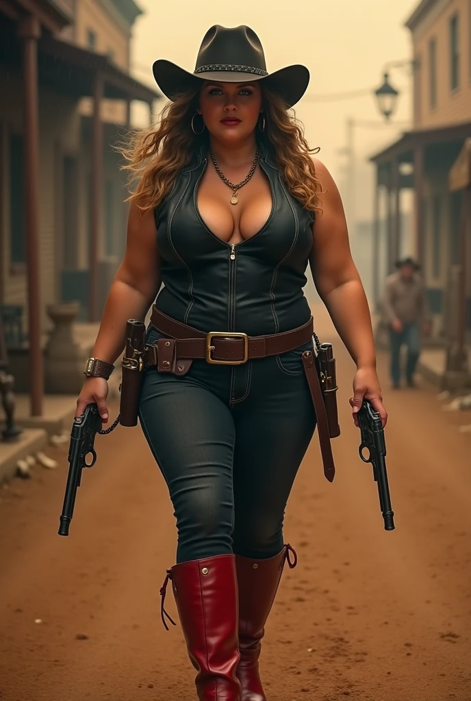 mature full length cowgirl woman, 1880s old west, long wavy brown and blonde hair, brown eyes, red lips, medium sagging breasts, wide hips, beautiful toned thighs, black leather vest, black jeans, thigh high red leather boots, badass black cowboy hat, carrying two cold 45's on her sides, walking through the dusty sandy streets of an old west town 1880's, wind blowing through her hair, practical, practical photo, practical photo, scary, dark gloomy atmosphere and dramatic lighting, dark orange, foggy and rainy surroundings, detailed facial expressions,