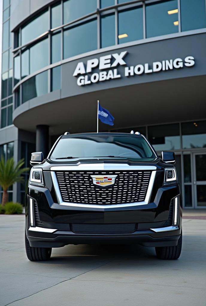 Cadillac escalade parked Infront of a building written Apex Global Holdings, there's a navy blue flag mounted on the right and left side of the vehicles bonet (where the engine is usually located) flag should be above the front lights and should be small