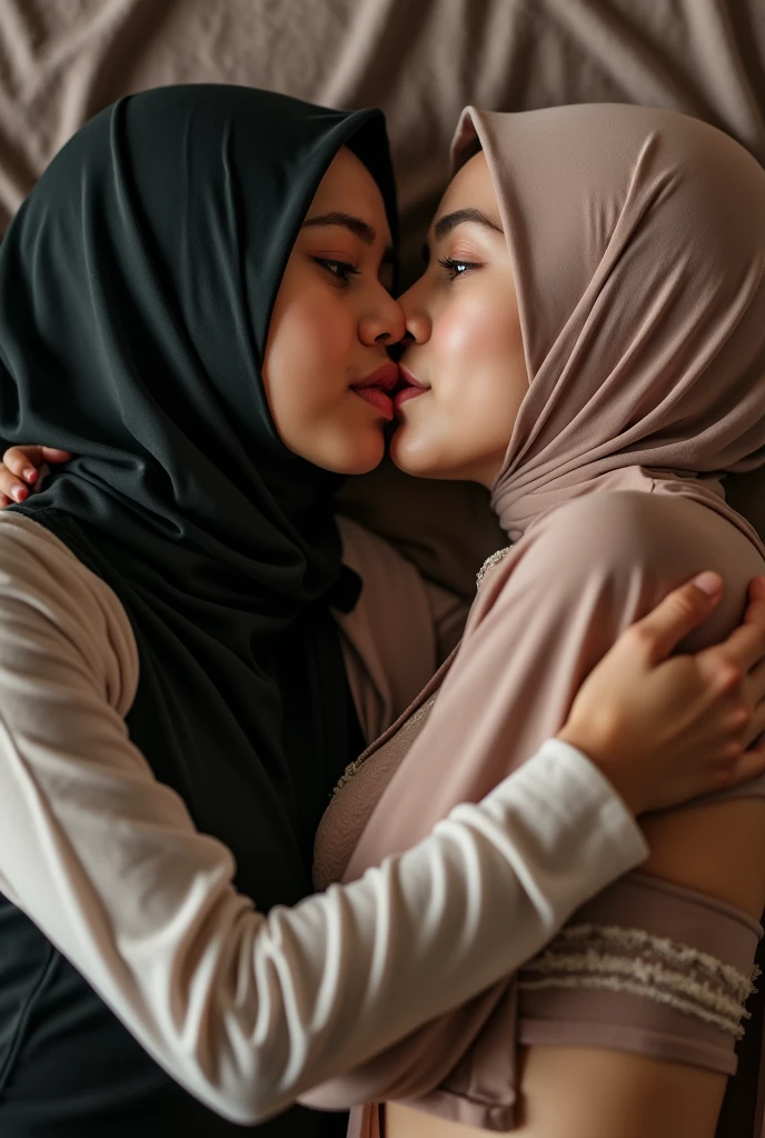 extreme close up of two beautiful teacher hijab indonesian lesbian girl laying down,bra and panties,hugging,french kiss,lesbian sex,