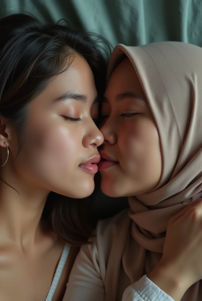 extreme close up of two beautiful teacher hijab indonesian lesbian girl laying down,bra and panties,hugging,french kiss,lesbian sex,