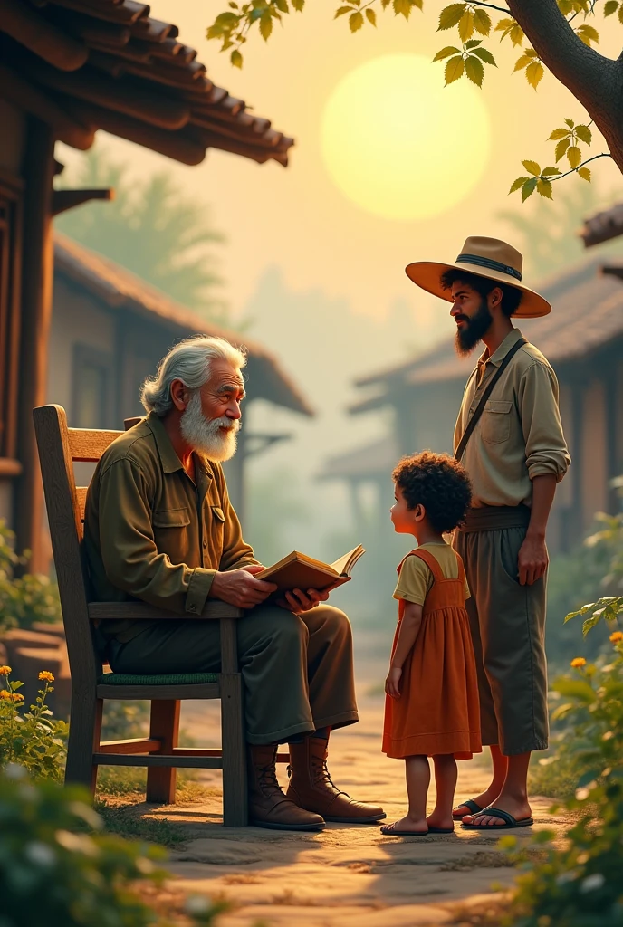 Farmer on village life on kid sit with grandfather 