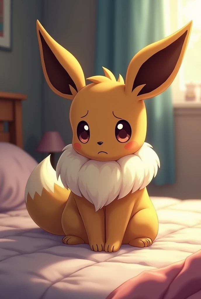 An Eevee pregnant with 30 babies, worried and sitting on the bed