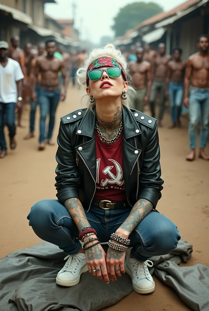 russian old milf woman, , blonde platinum hair (beehive bun) and wide colourful bandana as headband). Wearing oversized square maxi sunglasses. Square jaw, with very light green eyes, extremely pale. No tan. Wearing aged cropped black moto jacket (zippers on the side). Cropped short dark red push up t-shirt with winged hammer and sickle logo and gothic lettering,, dark skinny low rise blue jeans with holes on knees (white cotton visible). White tennis sneakers and bead bracelets around ankles. Lots of thick wide studded bracelets, chain collars and big rings. Tacky wide studded leather belt with solid huge oval buckle. Long earrings with chains and feathers. Squatting on big garbage bag chin up looking at the sky, stretching her neck.. Hands on knees, spread legs, Toned abdominals, thin neck, slim legs and thin arms. Narrow hips. Heavily tattooed in colour on chest, hands, neck and arms. Crowded dirt street of Nairobi with shirtless men crowding behind her