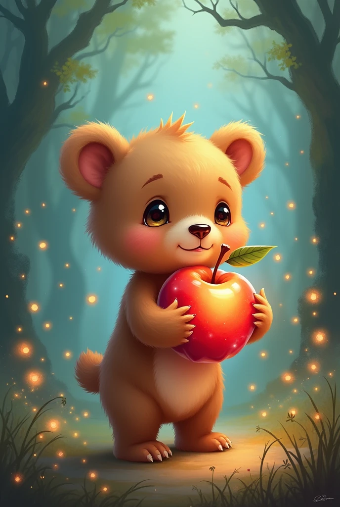 A bear with a fantasy-like apple。A fantastic atmosphere。