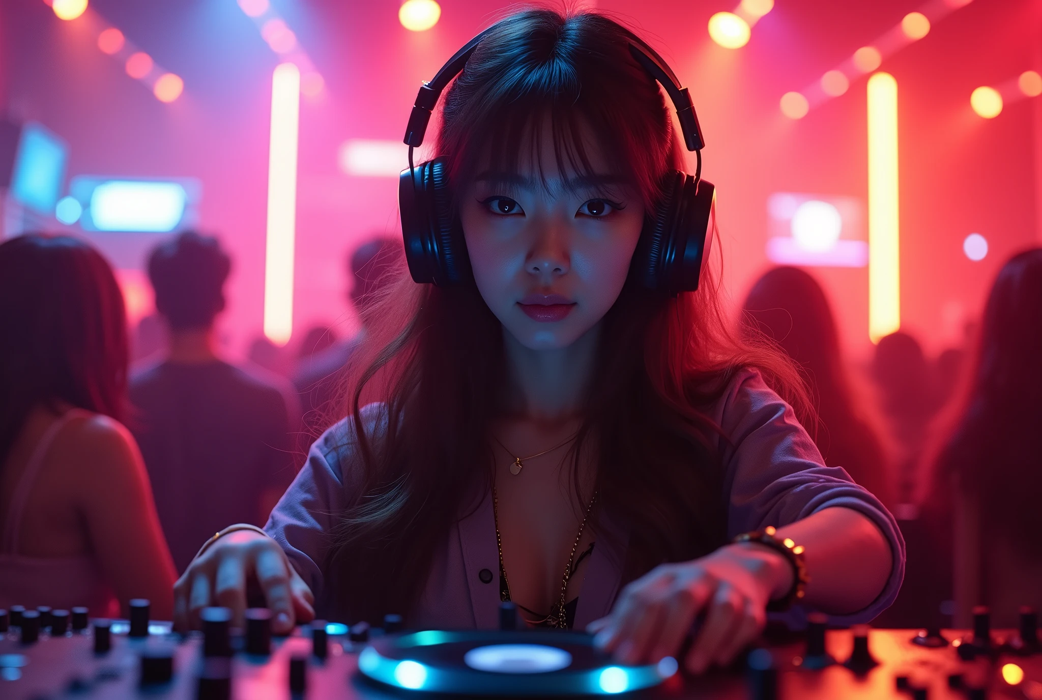 Club house, party, playing the best groove music, attractive and kawaii long-haired young club DJ Japanese woman. She is a genius who pleases the surroundings with headphones and is very exciting. Ultra-realistic photo with her as the focus, motion blur, high resolution, high quality, masterpiece.