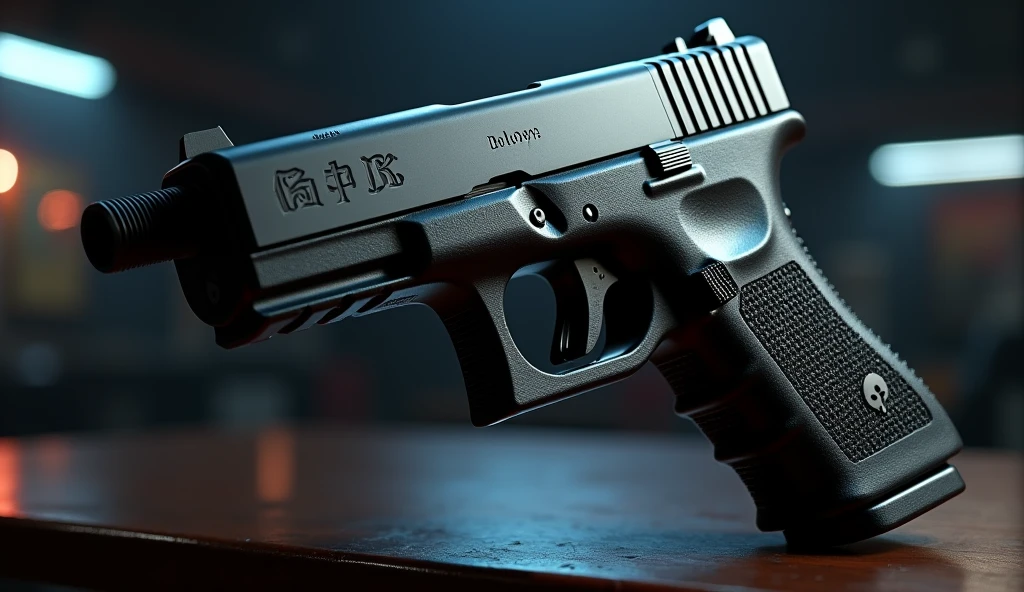 A highly detailed, photorealistic, 8K photograph of a custom-modified modern Glock pistol,black-colored, studio lighting, hyperrealistic, masterful lighting and shading, cinematic composition, intricate textures, premium quality