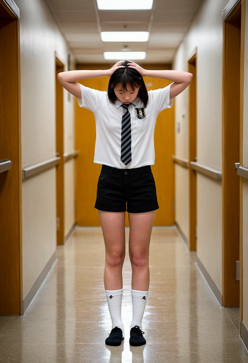 A female college student wearing black shorts and white socks is made to stand in the hallway in front of the student guidance office as punishment for impure heterosexual intercourse. Place your hands behind your head Stay upright and motionless、I'm embarrassed Feeling shame