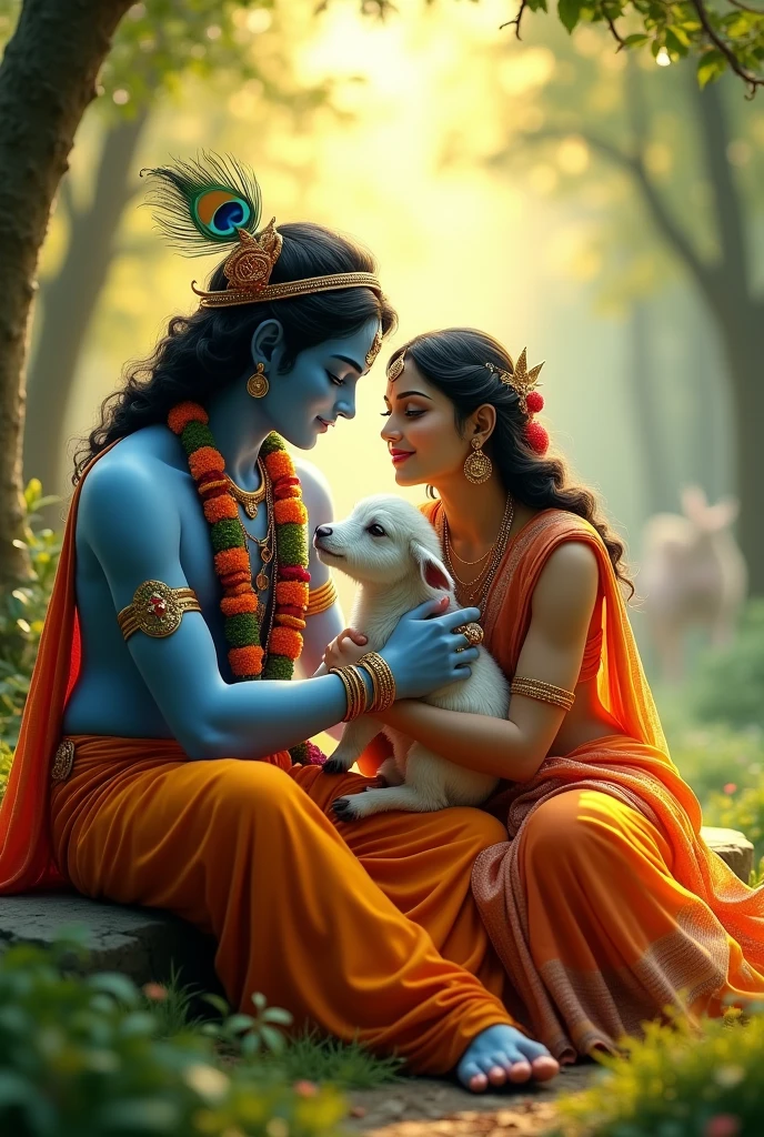 Depict a serene, sunlit forest scene with Lord Krishna and Radha seated together on soft grass. Lord Krishna, with his blue skin and adorned in traditional attire, plays the flute gently, while Radha leans on him lovingly. Krishna wears a peacock feather crown, vibrant garlands, and flowing orange garments. Radha, dressed in a beautiful saree, holds a small white calf beside her, adding to the peaceful ambiance. The background features lush green trees with sunlight filtering through the leaves, creating a warm and divine atmosphere.