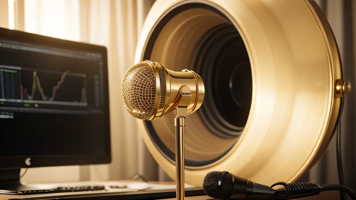 studio microphone on gold stand