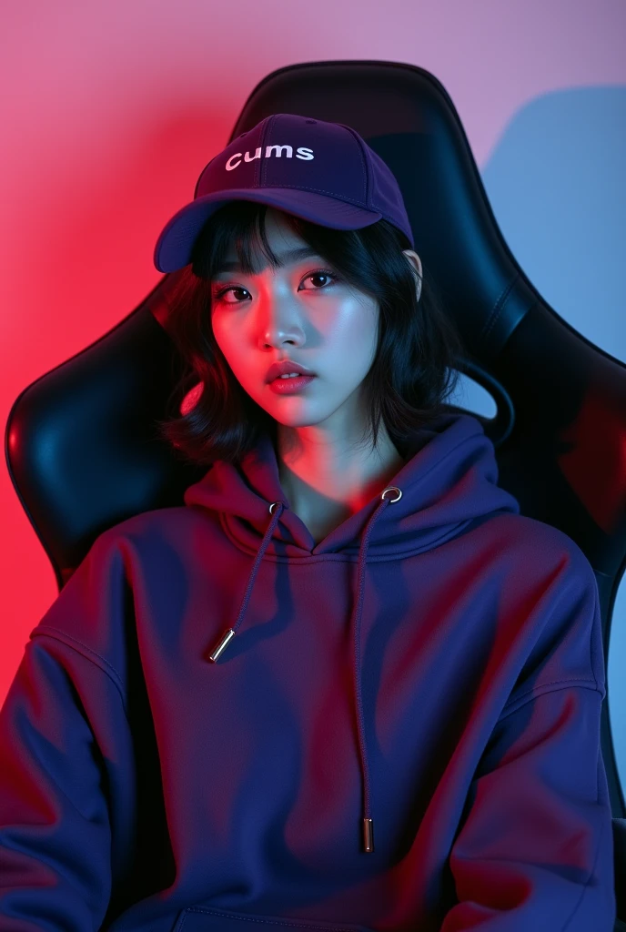 A beautiful Korean woman sitting on a gaming chair wearing a dark purple modest hoodie while wearing a ball cap with a name on it " Cums "