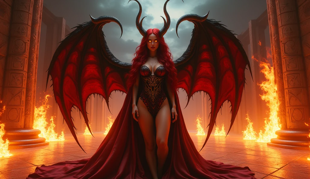 Setting: An infernal dance floor surrounded by towering, enchanted flames, where a sensual demon queen reigns supreme.
Description: The demon queen has deep red hair cascading down her back, wearing a daring outfit made of black silk and crimson lace, accentuating her curves. Her eyes glow a piercing gold, and sharp, elegant horns adorn her head. Large, feathery wings extend behind her, their tips glowing with a dark fire. The background features towering flames, ancient stone pillars with glowing runes, and a dark sky filled with swirling clouds. Shadows dance around her, and the ground beneath her feet pulses with dark energy, creating a scene of powerful allure and intensity. Aim for realistic depiction, make sure photos are at highest resolution (8K)