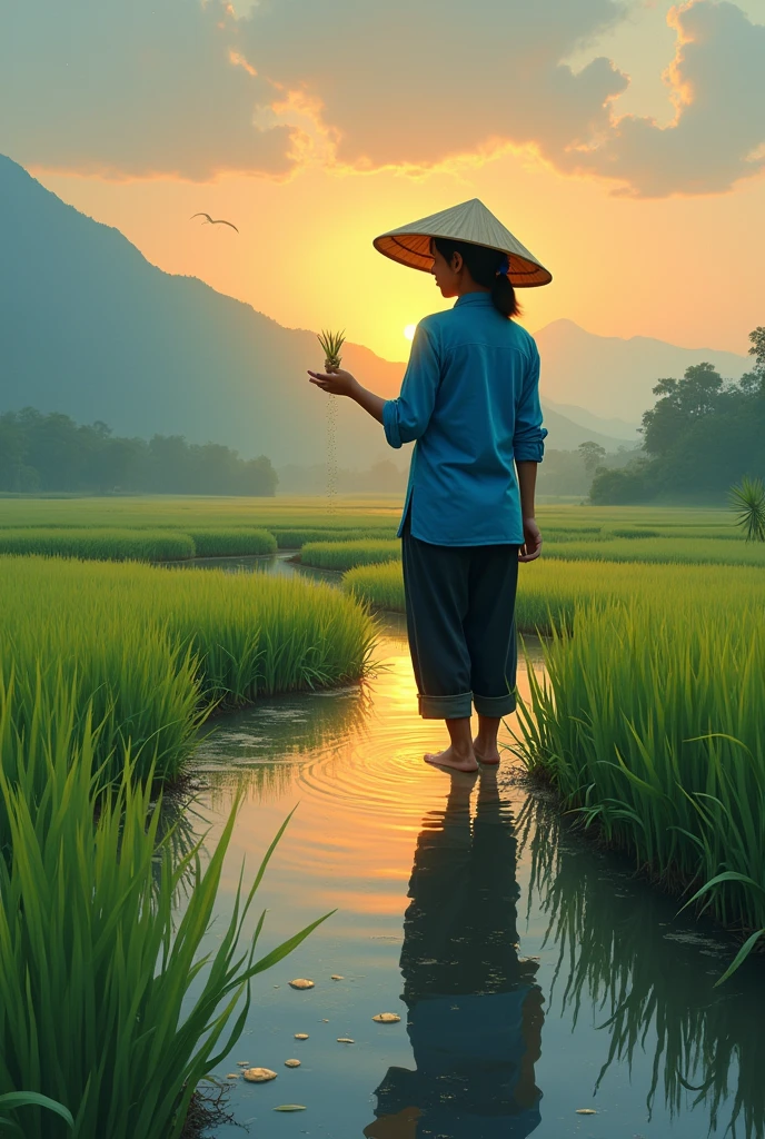 An industrious farmer, clad in a traditional kebaya, her feet submerged in the ankle-deep water of a vast rice field. The vibrant blue hue of the garment contrasts with the verdant tapestry of the young rice plants, their tops kissed by the tender glow of the approaching sunrise. A wide-brimmed straw hat casts a shadow over her face, a silent guardian against the early morning light. Her attire is complemented by a pair of rolled-up trousers, revealing her bare calves, which navigate the paddy with an ease that speaks of countless mornings spent in this very dance with nature. The horizon is a canvas of soft pinks and oranges, hinting at the fiery spectacle that is soon to unfold as the sun peeks over the distant mountain range. The sky above is a tranquil blend of deep blues and purples, with the faintest of stars still visible in the fading night. In the foreground, the water's surface is a mirror, reflecting the farmer's silhouette and the serene landscape around her. Her hand is raised, poised to cast the seeds, each movement a silent poetry of labor and hope. The scene is bathed in the ethereal glow of the pre-dawn light, casting long shadows that stretch towards the viewer, inviting us into the quiet sanctity of this agrarian ritual. The only sounds are the gentle whispers of the rice stalks swaying in the breeze and the distant calls of waking wildlife. The image encapsulates the timeless rhythm of life, the harmony between human endeavor and the natural world, and the promise of a new day, born from the dedication and perseverance of those who till the earth.