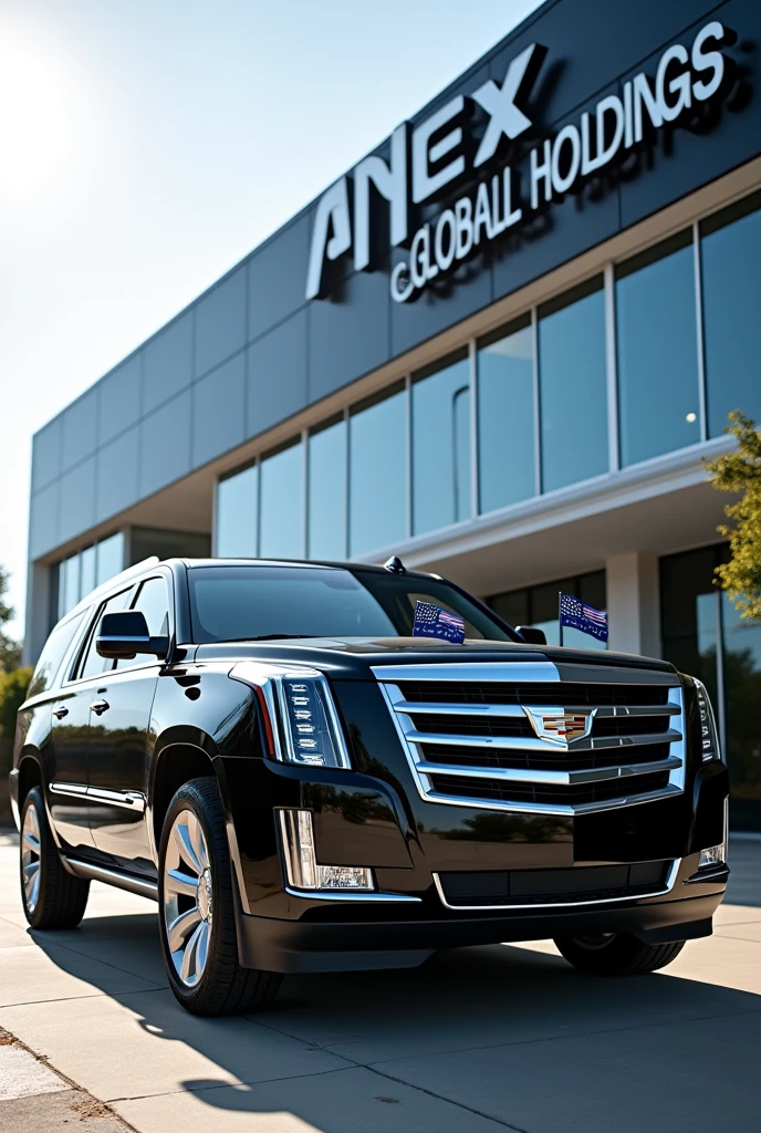 Cadillac escalade parked Infront of a building written Apex Global Holdings, there's a navy blue flag mounted on the right and left side of the vehicles bonet (where the engine is usually located) flag should be above the front lights and should be small