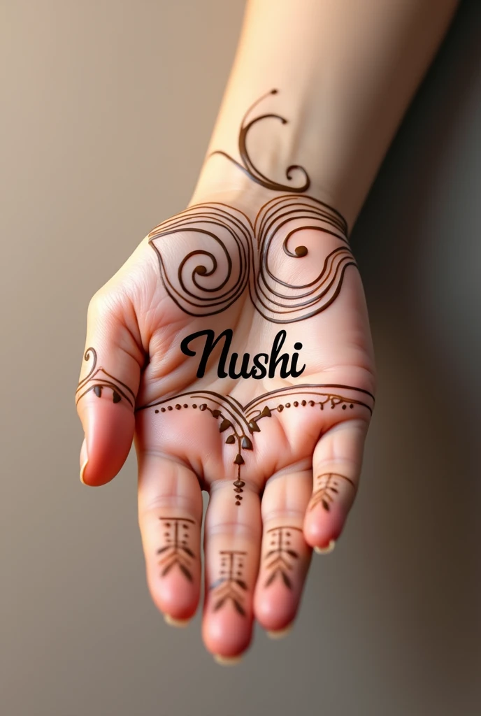 Henna design with name nushi in palm