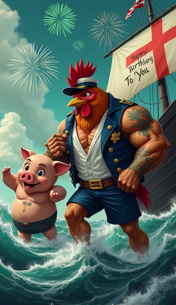 muscular rooster bird, chest puffed out captain's vest and navy cap, black ship black ship thick red maltese cross highlighted, big waves around, green birthday decoration, thick red maltese cross written Happy Birthday to You, a muscular pig, chest puffed out and shirtless, green tattoos, eating barbecue, black ship black ship thick red maltese cross highlighted, big waves around, green birthday decoration, thick red maltese cross written Happy Birthday to You, a muscular pig, chest puffed out and shirtless, green tattoos, sky with green and white fireworks