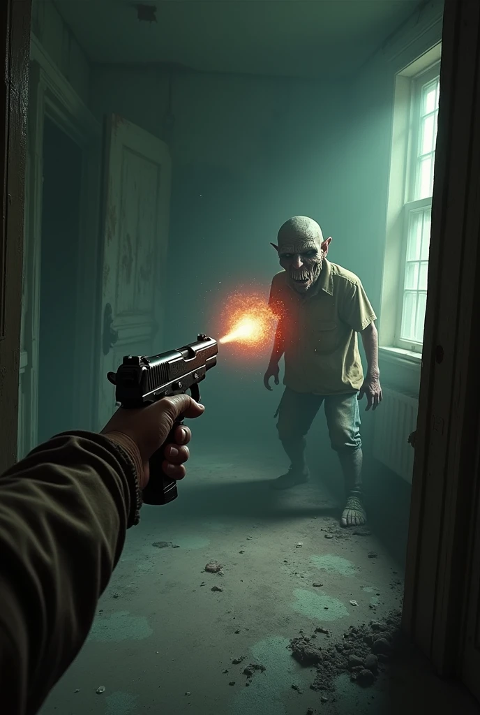 abandoned mansion, first person perspective with a pistol shooting a baby zombie, shot coming out of the gun and hitting the zombie