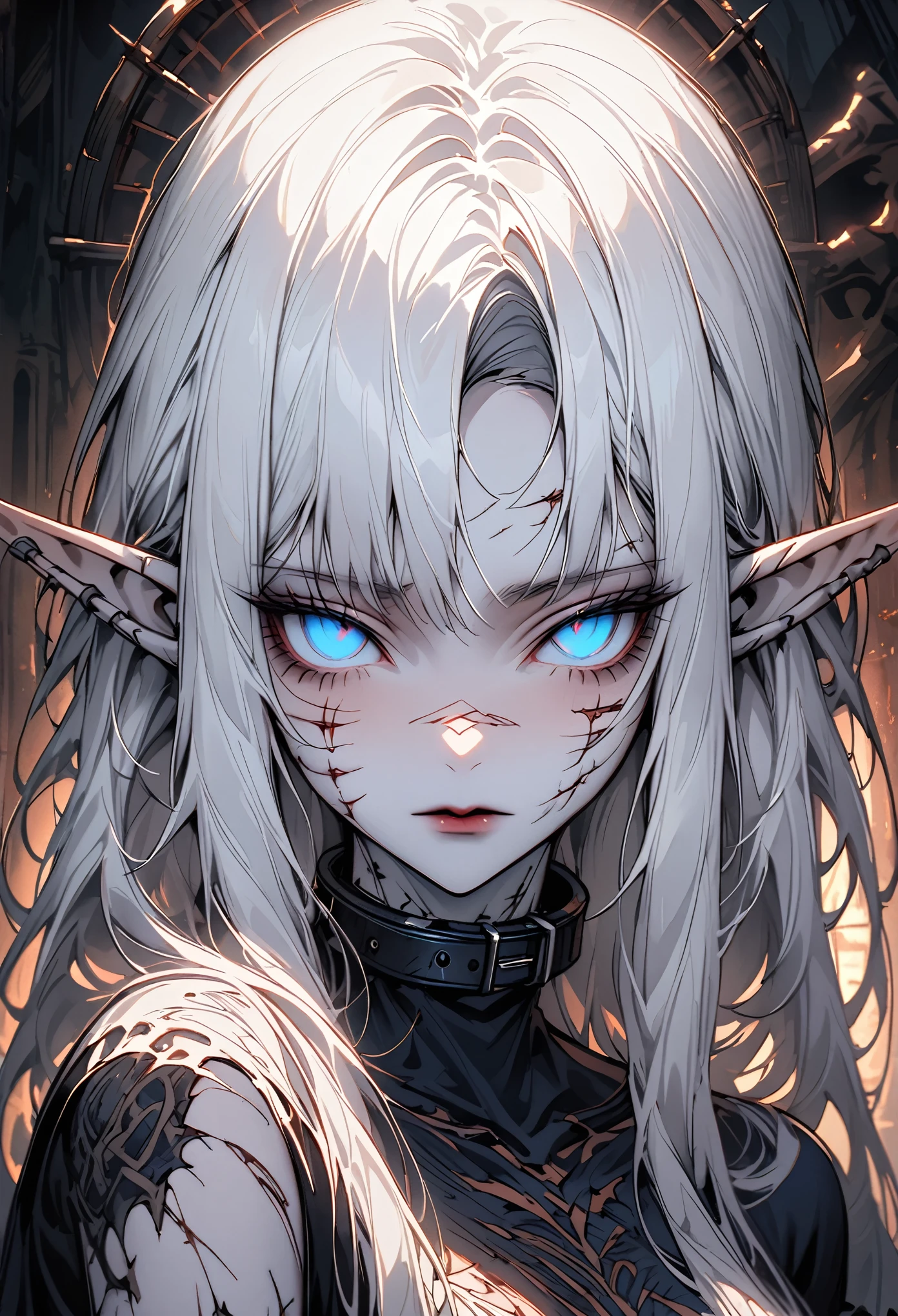 One, female, Close-up, elf, pointed ears, pale skin, needle scars, scars by design, scars on the face by design, White hair, Collar, high, unearthly beauty, slim, flexible frame, long hair, cold eyes, Blue eyes, Serene elegance, haunted expression, injection scars, small build, hard, Fragile appearance, quiet dignity, medieval, torn clothes, tranquility, warm light, I look at the viewer, iron slave Collar