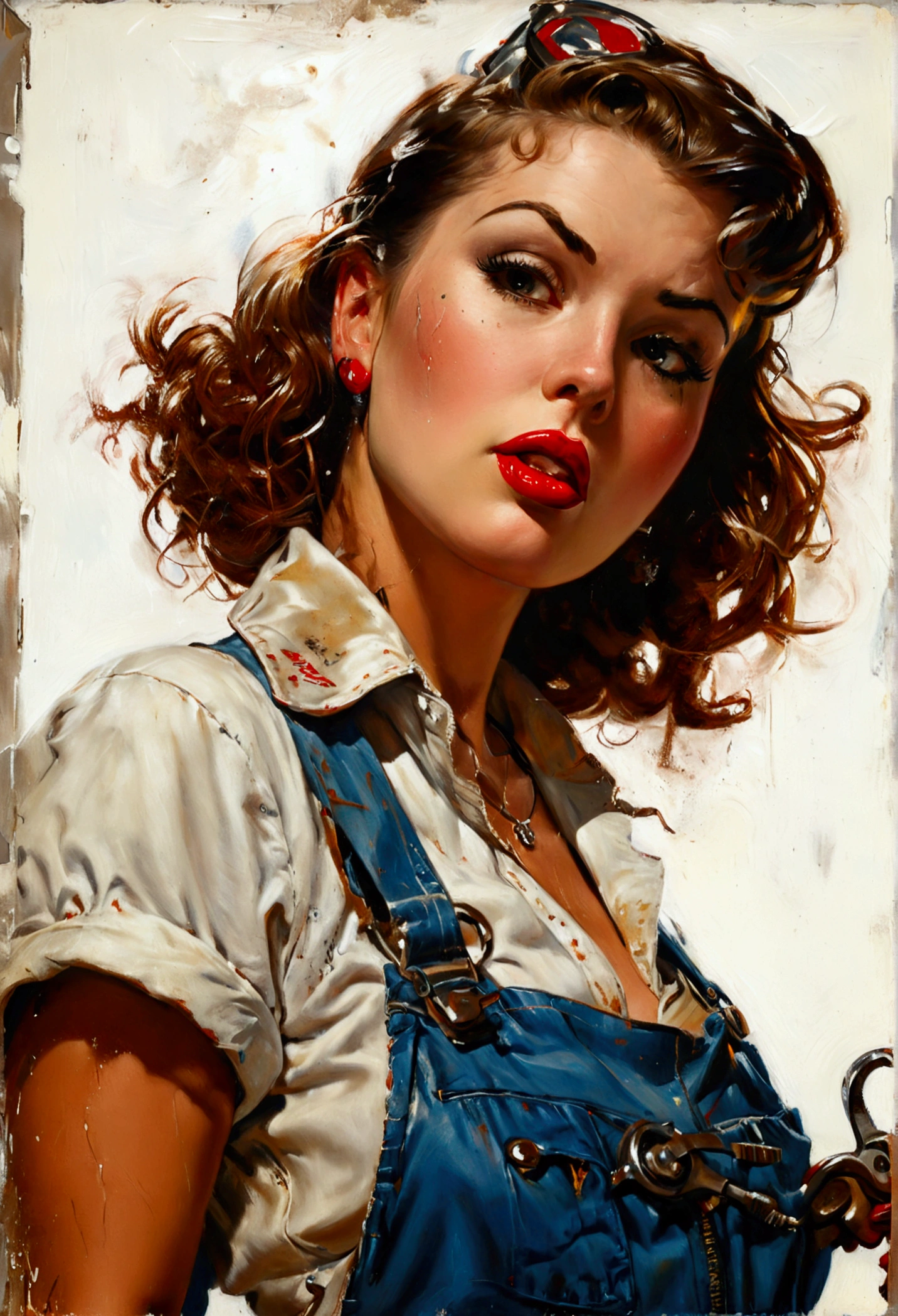 pinup model, standing, mechanic overalls, GREASE DIRTY, face with grease, looking back, wheel wrench in hand, sultry gaze, ed ass,ite background, oil painting, work of art. gil elvgren style.