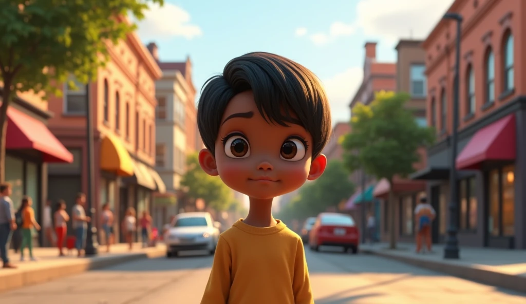 A  black boy, with straight hair and light eyes. scene a street in a neighborhood
