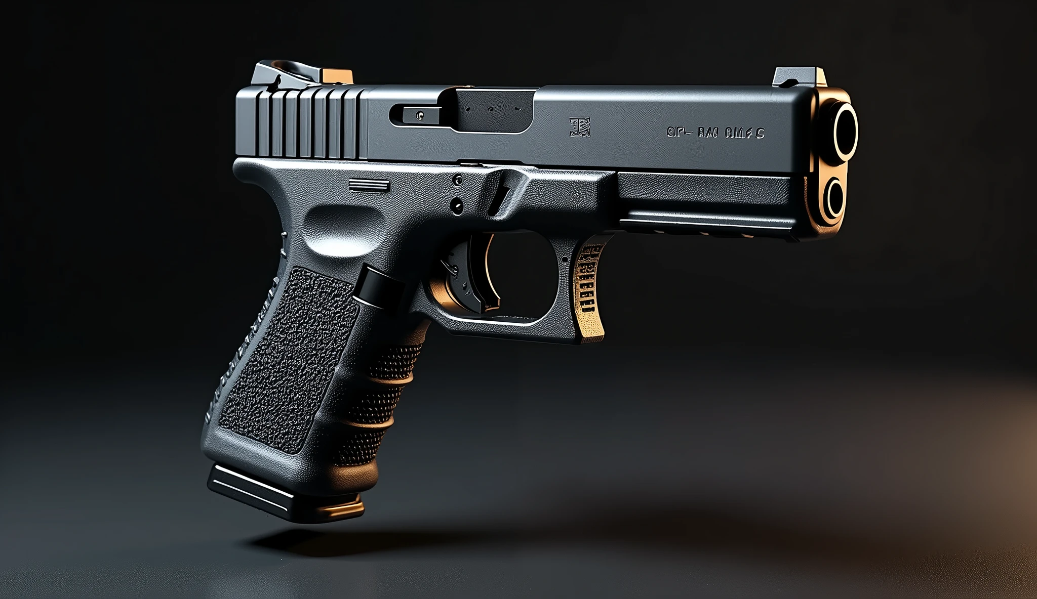 A highly detailed, photorealistic, 8K photograph of a custom-modified modern Glock pistol,black-colored, studio lighting, hyperrealistic, masterful lighting and shading, cinematic composition, intricate textures, premium quality