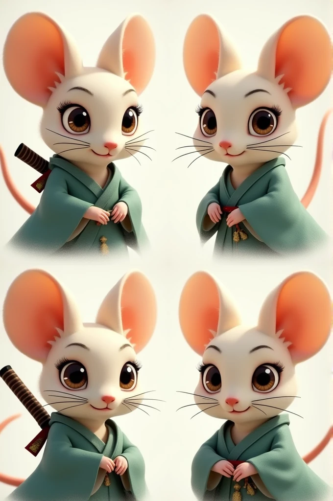 4 facial expressions of a character: a female Asian mouse who is a swordsman/samurai and wears sage colored clothing