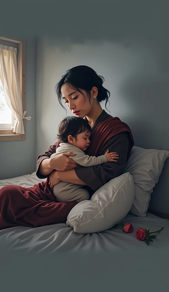 Tekina Khatun, a young woman with a calm and gentle expression, cradles a in her arms. The baby is wrapin a simple cloth, his small face barely visible.