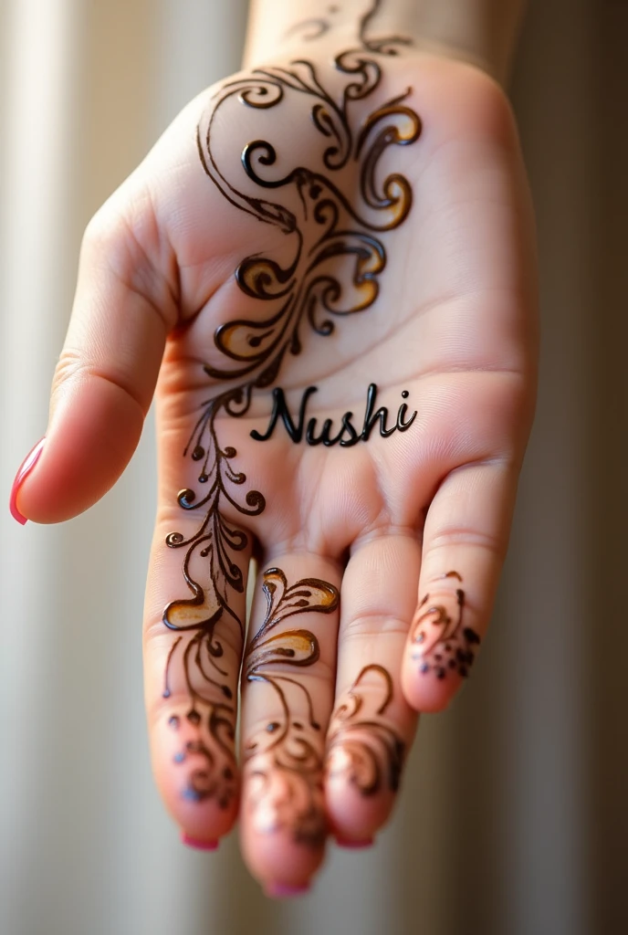Henna design with name nushi in palm