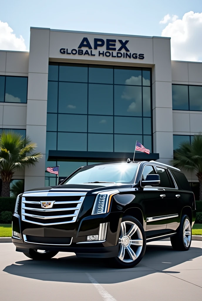 Cadillac escalade parked Infront of a building written Apex Global Holdings, there's a navy blue flag mounted on the right and left side of the vehicles bonet (where the engine is usually located) flag should be above the front lights and should be small