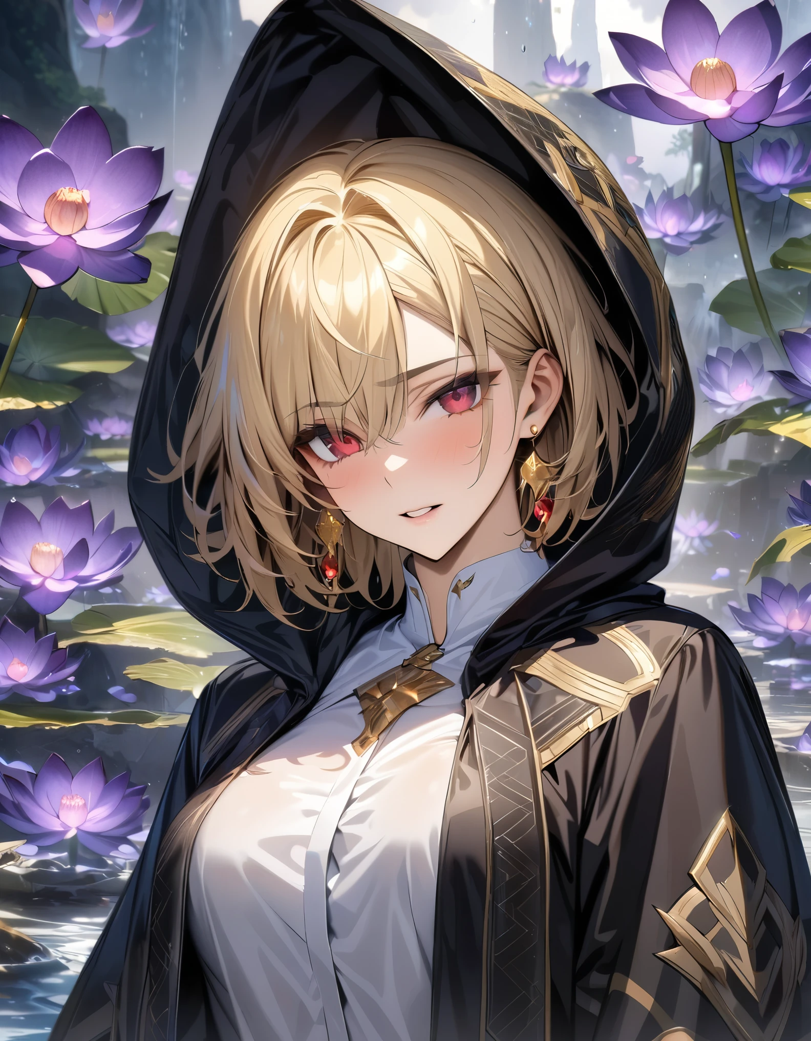 (absurdity, a high resolution, Ultra detailed, HDR), masterpiece, Best quality, Gilgamesh, short hair, blonde hair, With a bang, Expressive red eyes, subtle eye and detailed face, The Great Order of Destiny, One, sexy man, Beautiful, mature face, Golden earrings, black raincoat, White shirt, patterns, water, purple lotus, petals, Purple Butterflies
