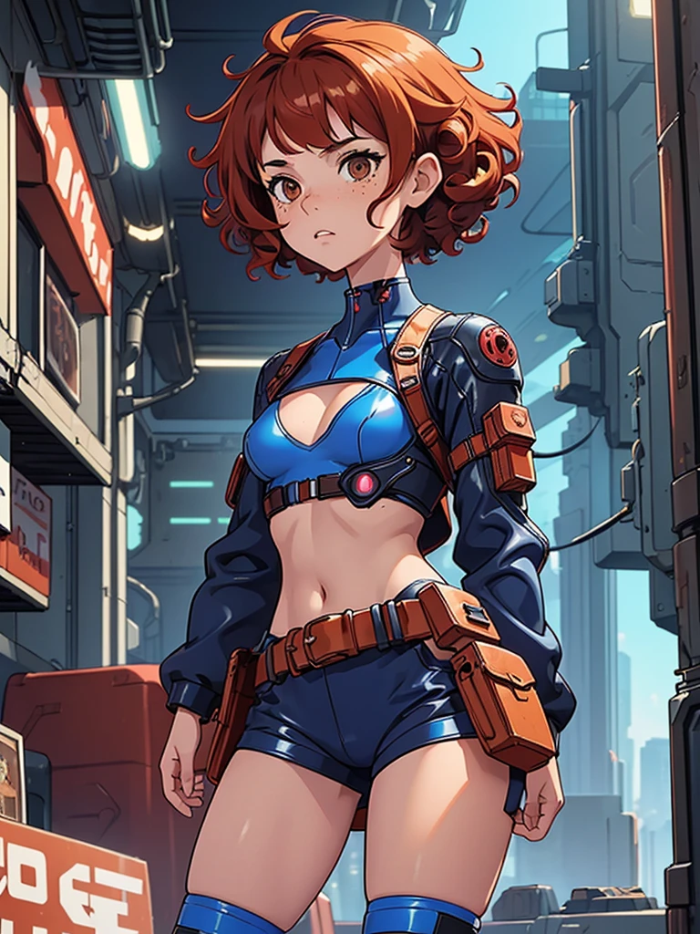 (masterpiece), (best quality),(1 girl),adult, red copper hair,(brown eyes),curly hair,(short curly hair), anime style, freckles, (small breasts),(petite figure), (blue outfit),(cyberpunk clothes)),(battle outfit),(badass outfit),legs, desert background