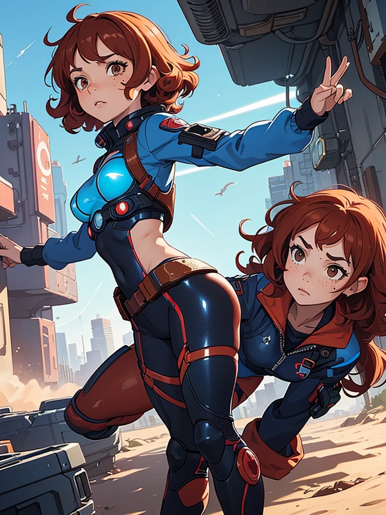 (masterpiece), (best quality),(1 girl),adult, red copper hair,(brown eyes),curly hair,(short curly hair), anime style, freckles, (small breasts),(petite figure), (blue outfit),(cyberpunk clothes)),(battle outfit),(badass outfit),legs, desert background