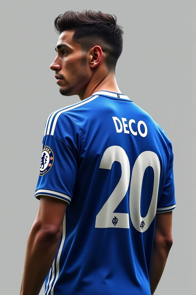 Player with Chelsea shirt on back with number 20 written deco above the number looking out of the corner of his eye