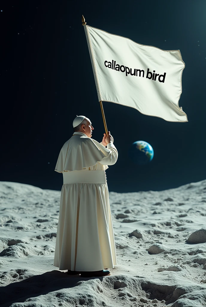 Pope Francis on the moon with a white flag that says "CALLAO PUM BIRD"