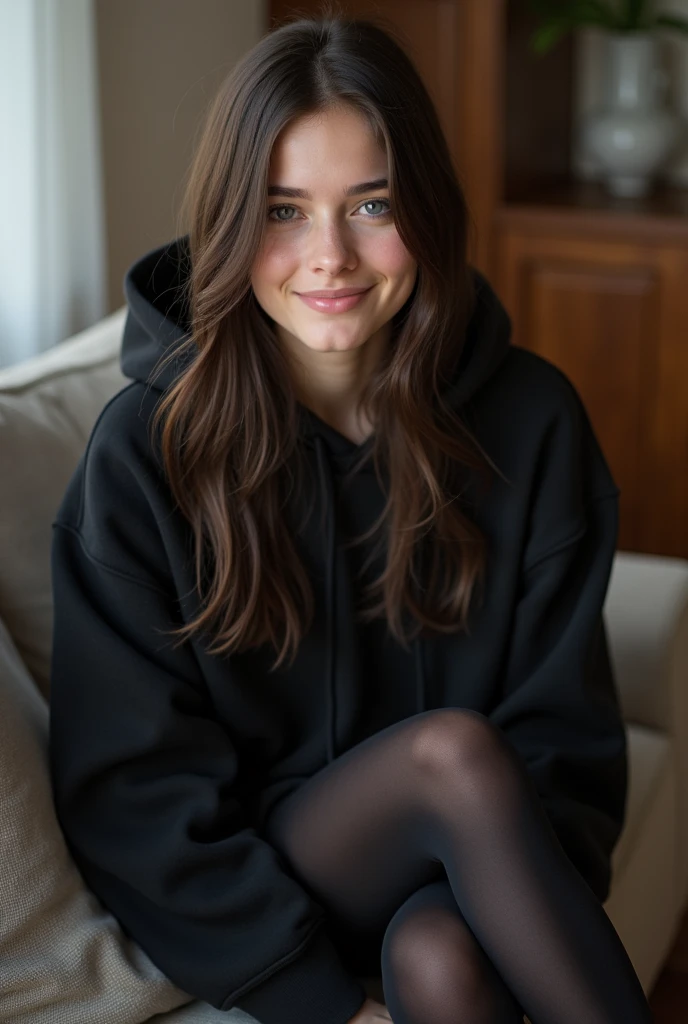 dark brown hair、straight hair、full body 、teaing smile、 she wears a black hoodie.、black pantyhose、adult german woman、blue eyes、showing her legs 、lying down on a couch、young german woman、wide angle、 she has  blue eyes.、