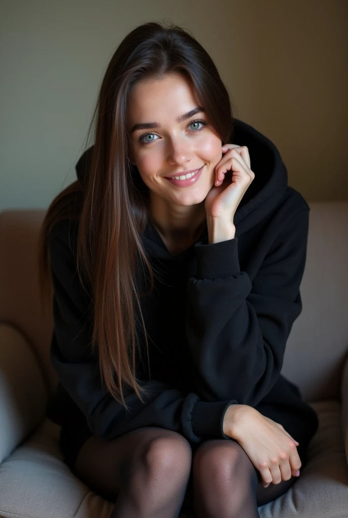 dark brown hair、straight hair、full body 、teaing smile、 she wears a black hoodie.、black pantyhose、adult german woman、blue eyes、showing her legs 、lying down on a couch、young german woman、wide angle、 she has  blue eyes.、