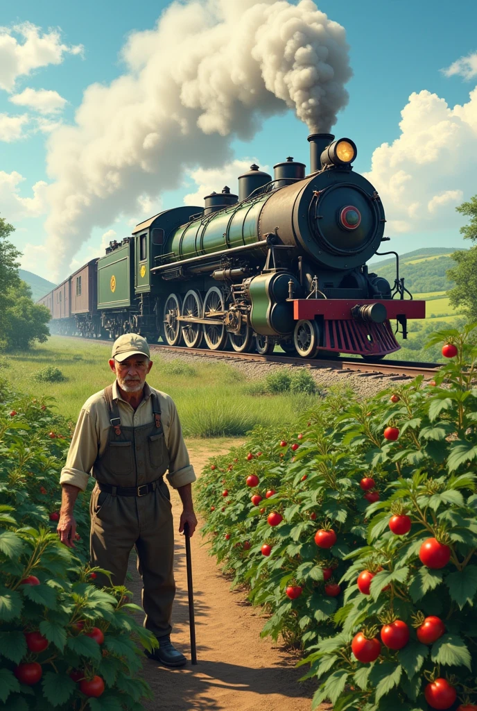 A summer resident with tomatoes,which doesn't fit into a steampunk train