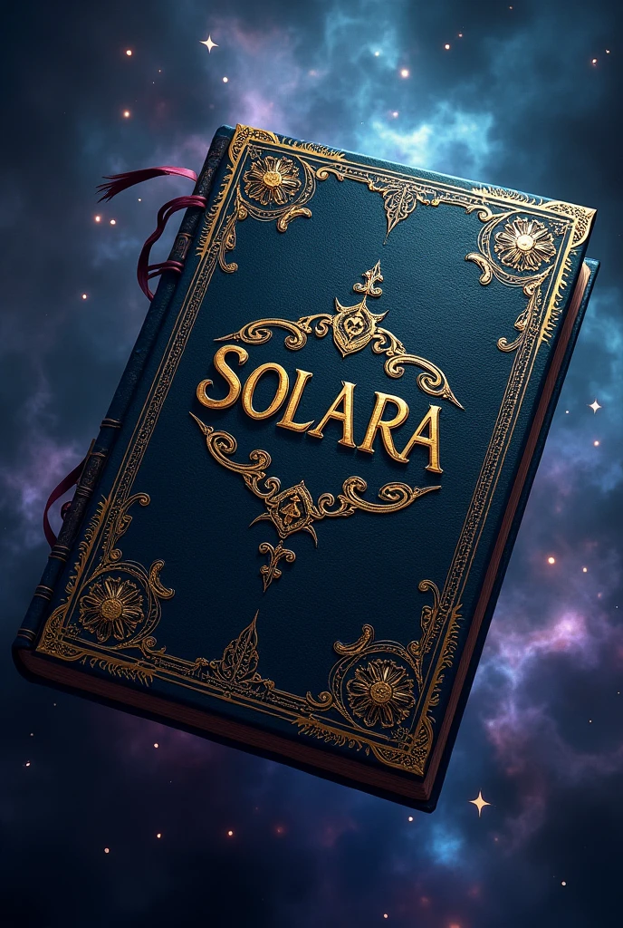 generate the cover of a book that looks like a grimoire, the main color should be black, with details in the color of the galaxy and it should say "SOLARA" on the cover