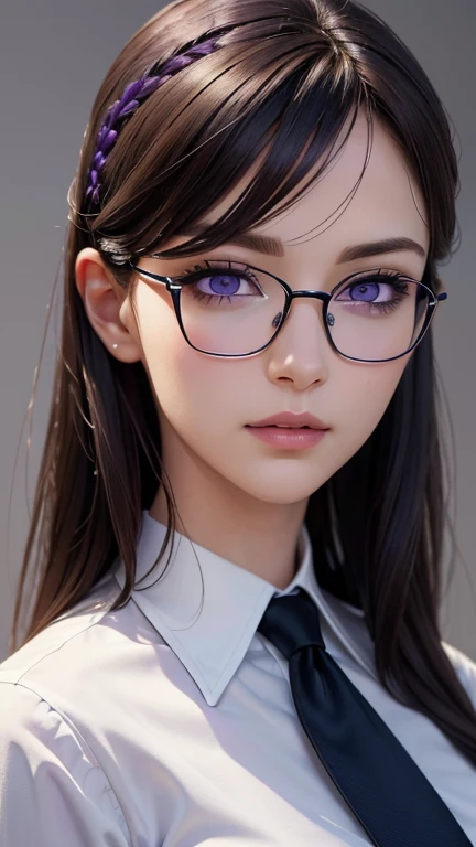 (((Purple Eyes)))、(masterpiece, Highest quality, photoRealistic, High resolution, photograph, :1.3), Extremely close up shot, Sharp focus, 30 year old mature woman、Hot Model, Highly detailed eyes and pupils, Realistic skin, Slim figure, Wavy long hair、Dark brown hair、Glasses、 Delicate and sexy face, Sensual Gaze, Glossy Lips, ((Wearing a white shirt and navy suit))、((Realistic, super Realistic, realism, Realistic detail))、Gray background