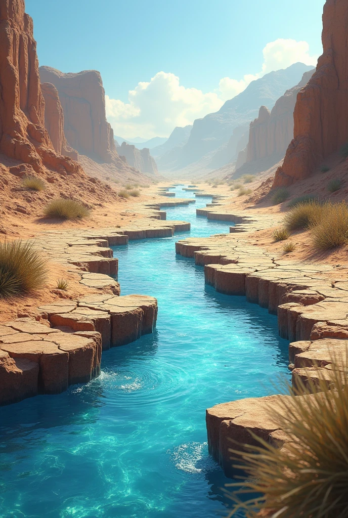 Create an image with a texture that resembles crystal clear water or flowing rivers. Around the word, represent a dry and arid land scenario, but with small streams beginning to spring up, symbolizing the promise of renewal and blessing.