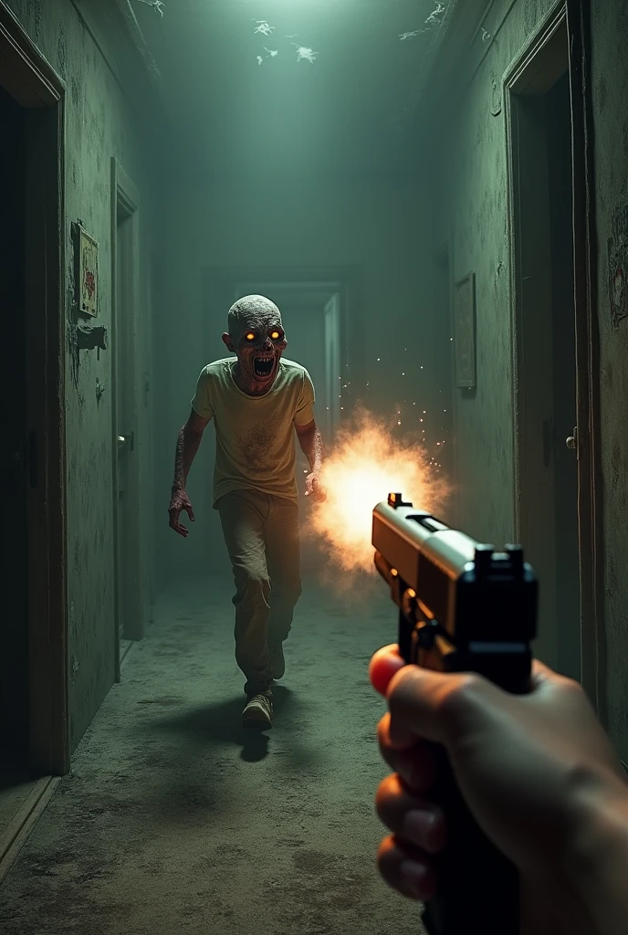 abandoned mansion, first person perspective with a pistol shooting a zombie, shot coming out of the gun and hitting the zombie