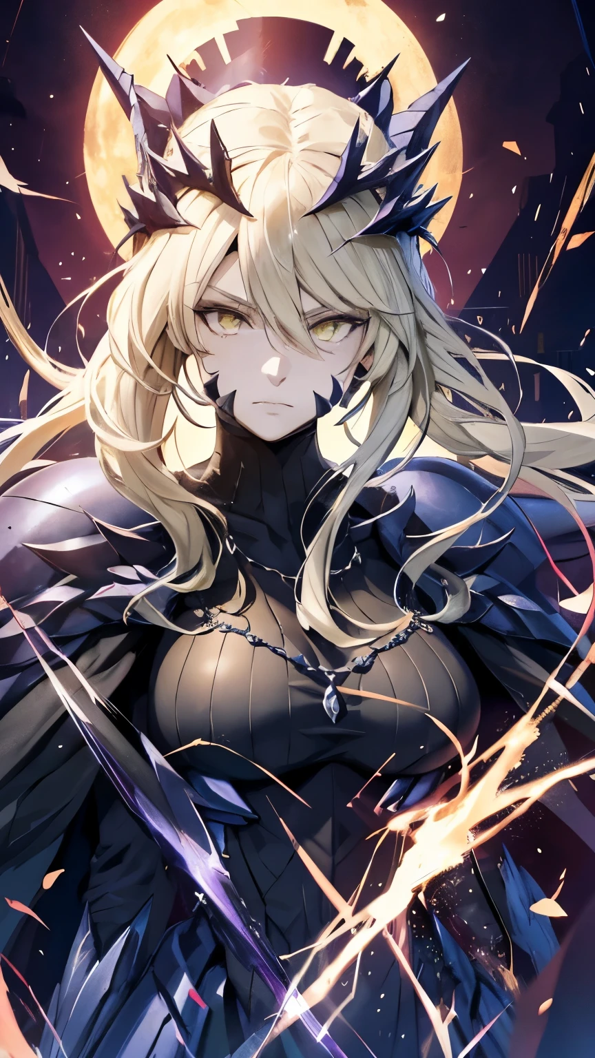 One, (top quality,a high resolution:1.2),detailed portrait,Dark and mysterious,Arturia Pendragon from Fate/Grand Order, lancer alter,glowing yellow eyes,loose hair,armor,The Crown of Thorns,Lunar background,dramatic lighting,divine aura, Artorias, dark black and red armor