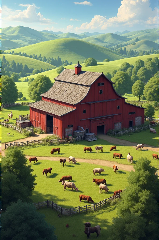 Make a farm that has a large one and a barn around it where there are cattle grazing and other animals on the other side.