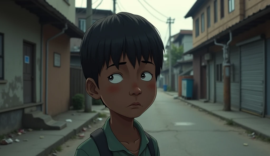 A sad  black boy, with straight hair and light eyes. scene a street in a neighborhood
