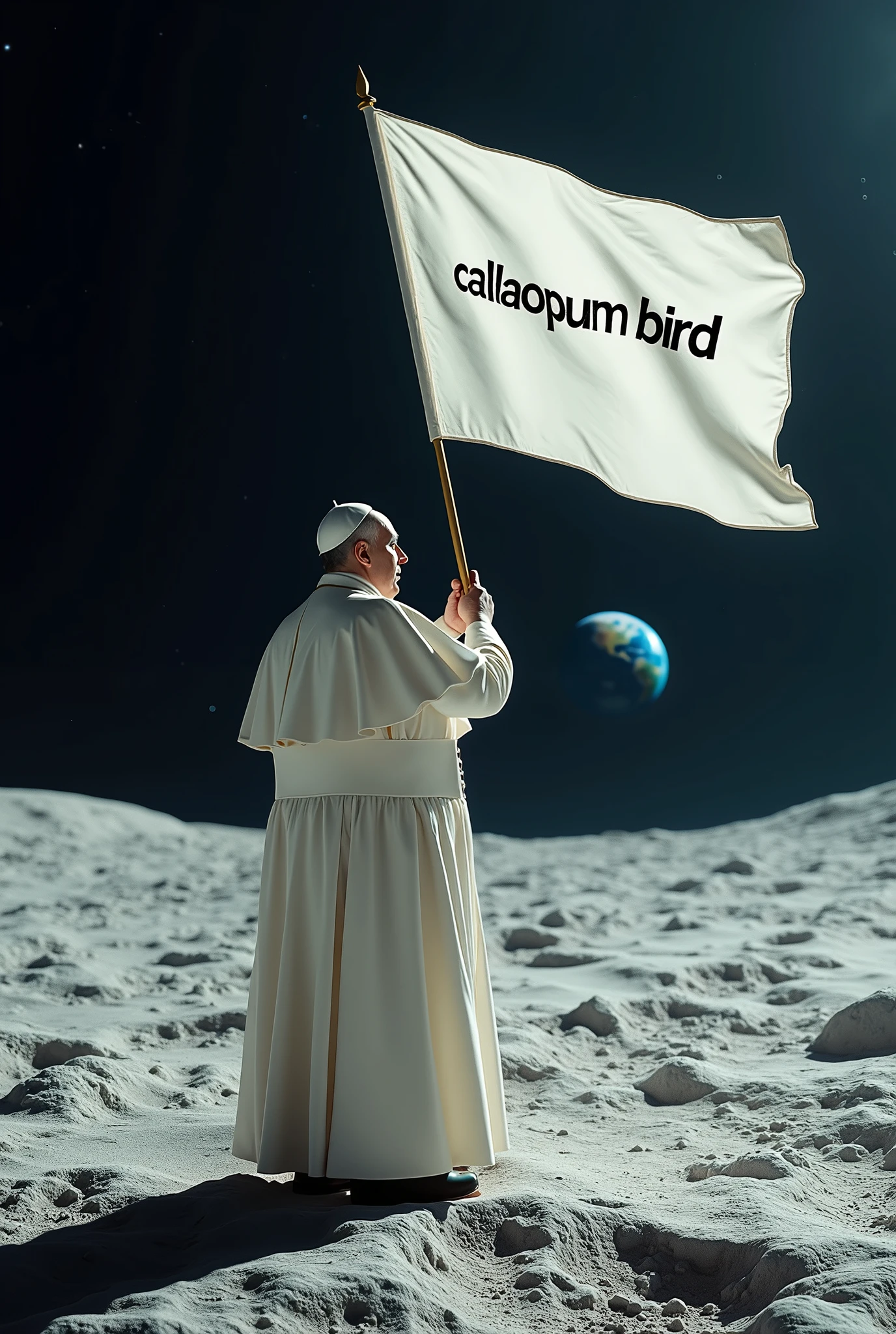 Pope Francis on the moon with a white flag that says "CALLAO PUM BIRD"