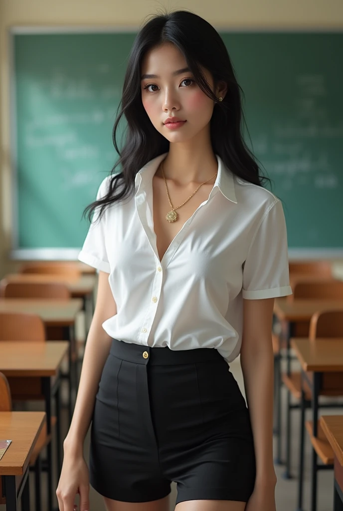 Beautiful girl with smooth skin, black hair, dark eyeshadow, gold pendant (beautiful bra, C shape), wearing a Thai student uniform, a white short-sleeved shirt, a black short skirt, a tight fit, standing and posing in a classroom. The background is a classroom, student desks and chairs. The most realistic picture.
