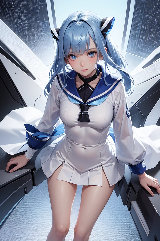 A detailed portrait of Sailor Mercury, beautiful detailed blue eyes, long eyelashes, beautiful detailed lips, extremely detailed face and features, short blue hair, sailor uniform, (white panties tucked in from the crotch, shaved) in a futuristic cityscape, lights neon, glowing energy effects, cinematic lighting, hyperdetailed, digital art, from below, from below, 8k, high resolution, masterpiece, accurate, anatomically correct, textured skin, high details, best quality, high resolution